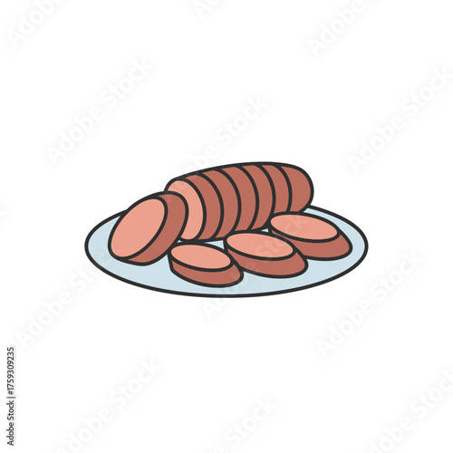 Sliced Sausage on a Plate, Delicious Food Illustration.