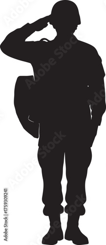 Silhouette of a soldier in uniform saluting with a helmet under his arm on a white background Keywords: silhouette, soldier, military, salute, uniform, helmet, respect, on transparent background