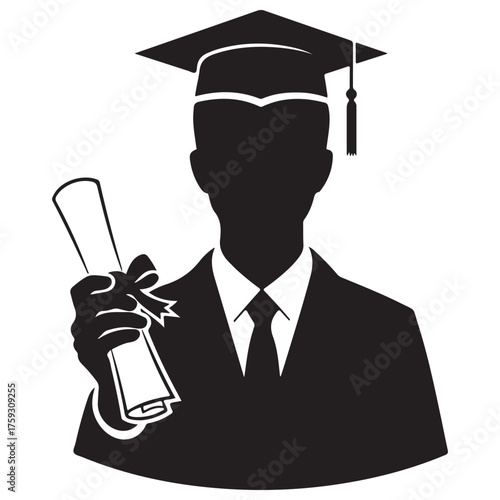 Black and White Graduate Silhouette Holding Diploma and Mortarboard