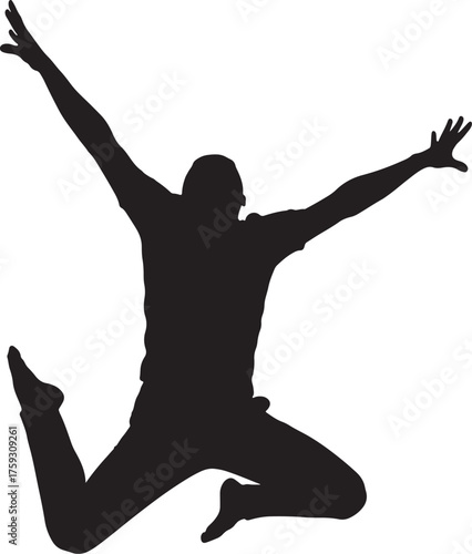 Silhouette of a man jumping with arms outstretched and legs apart on a white background Keywords: silhouette, man, jumping, joy, freedom, celebration, success, happiness, on transparent background