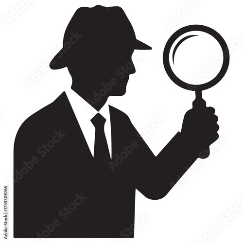 Minimalist Flat Design Black Silhouette Icon of Man with Magnifying Glass