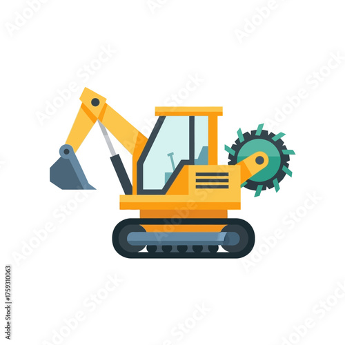 Yellow Excavator with Trencher Attachment for Construction and Trenching.
