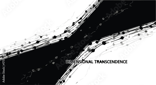 Abstract black and white digital art with flowing lines and scattered dots, suggesting movement and connection.