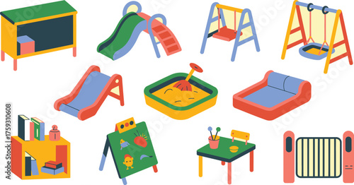 Cartoon Illustration of Colorful Playground Equipment, School Furniture, Toy Chest, Swings, Slide, and Play Table