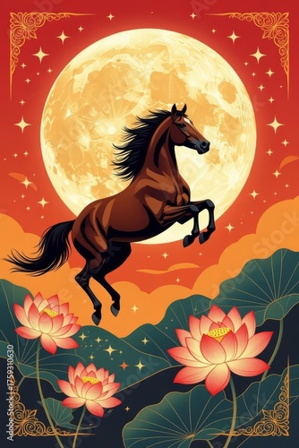 A brown horse rears up against a large full moon. Pink lotus flowers bloom in the foreground, surrounded by stylized waves and clouds.
