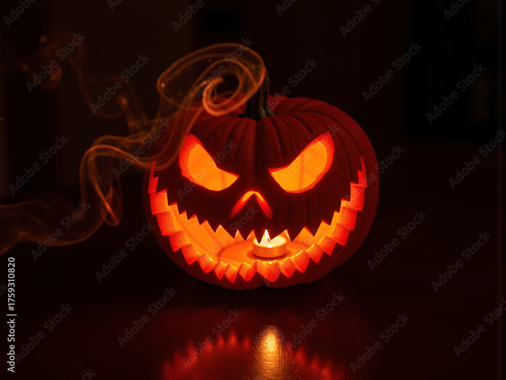 Fototapeta premium Close-up image of a dark, empty space with a single light source resembling a pumpkin, suggesting darkness and a potential threat or mystery.