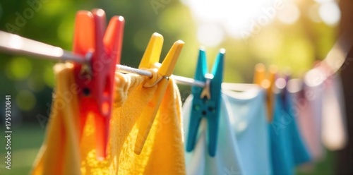 Sunny Laundry Day Colorful Clothespins & Freshly Washed Clothes Drying on a Clothesline