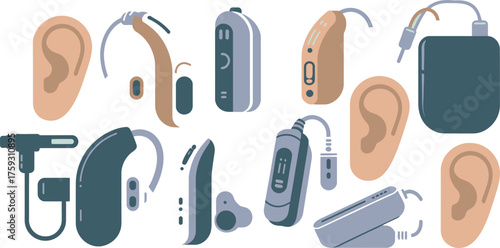Cartoon Illustration Variety of Hearing Aid Styles and Ear Anatomy for Hearing Loss Awareness