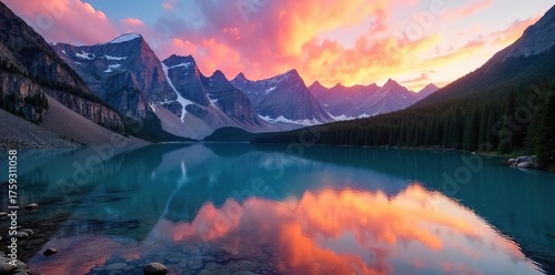 Breathtaking Sunset Panorama Serene Mountain Lake Reflecting Vibrant Sky