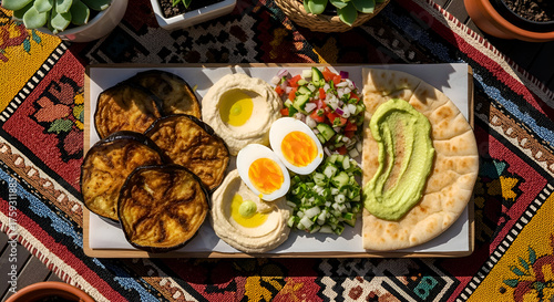 Wallpaper Mural Delicious Mediterranean Mezze Platter with Eggplant, Hummus, and Fresh Salad on a Table Torontodigital.ca