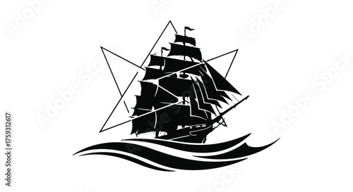 Majestic sailing ship navigates stylized waves and geometric shapes, evoking adventure and exploration.