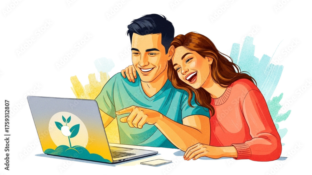 Obraz premium Happy Couple Enjoying a Shared Laugh While Looking at a Laptop Screen Together