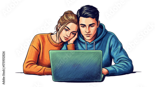 Couple Focused on Laptop Screen, Sharing a Moment Together