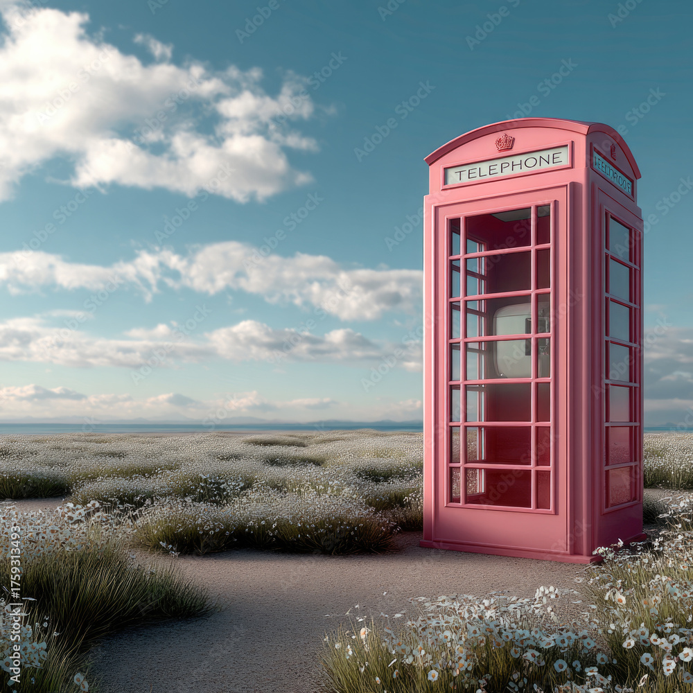 Obraz premium Pink telephone booth stands in field of wildflowers under blue sky with clouds, evoking nostalgia and tranquility
