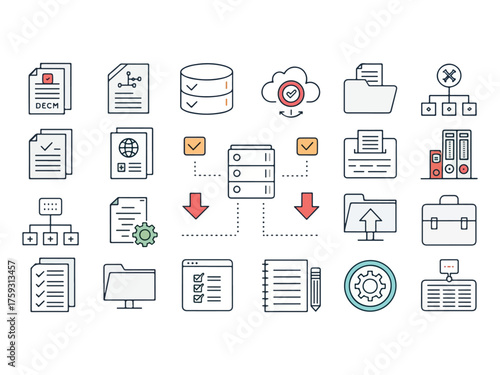 Data Management System Icons Set for Information Technology and Business Solutions with Network Connection