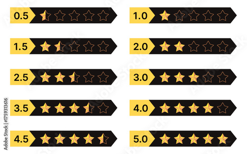 Gold five star rating icon set on transparent background. Vector Illustration flat icon with lighted yellow golden and line stars for reviews, feedbacks products and services.