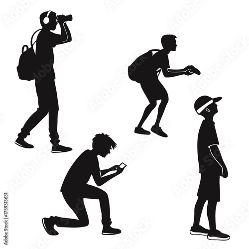 Vector art of silhouettes of people taking pictures, using phones, and listening to music