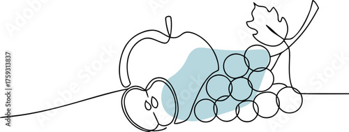 Apple and grapes line art with blue accent fruit vine