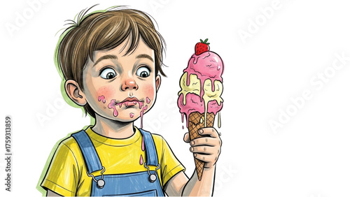 Messy Eater A Young Child Enjoys a Delicious, Dripping Strawberry Ice Cream Cone