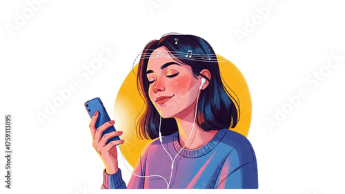 Serene young woman with closed eyes listening to her favorite playlist on a smartphone