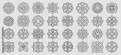 Geometric pattern vector set, 35 symmetrical knot and floral designs, decorative motif grid, black outline art, tessellation and symmetry illustration