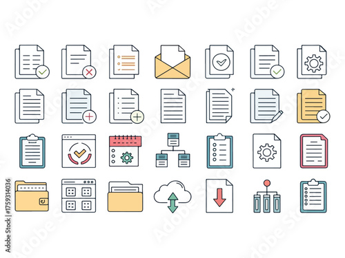 Set of Colorful Business and Management Icons Representing Organization Communication and Project Management Efficiency