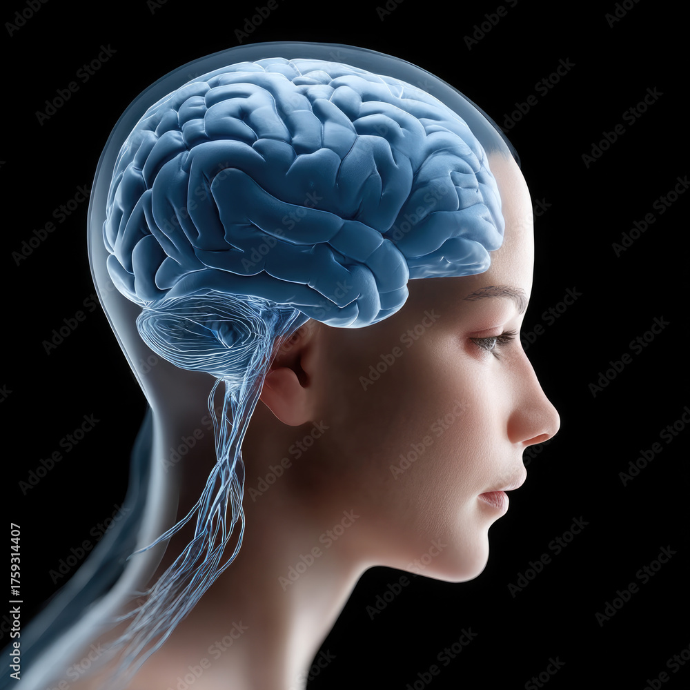 Obraz premium Side view human head brain nerves anatomy medical illustration science health education detailed realistic