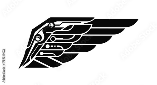 Futuristic mechanical wing with circuit board details, representing technology and progress