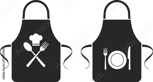 Kitchen apron vector illustration with cooking and dining icons, chef symbol, cutlery, plate graphic, black apron design for culinary and restaurant themes