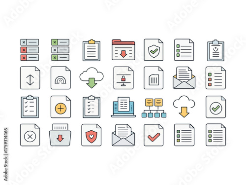 Set of Data Management Vector Icons Featuring File Handling and Cloud Computing Concepts for Web Design and Mobile Applications Interface