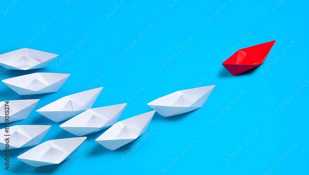 Naklejka premium Red Paper Boat Leading White Paper Boats on Blue Background