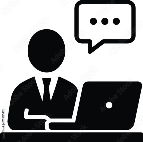 Remote work icon, person at desk with laptop, chat bubble communication, black and white silhouette, digital productivity vector, online workspace symbol