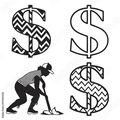 Vector art of woman digging for money, metaphor for hard work and reward
