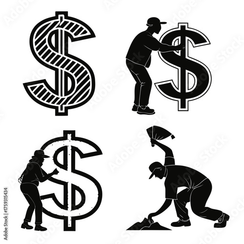 Vector art of people working for money, metaphor for hard work and reward