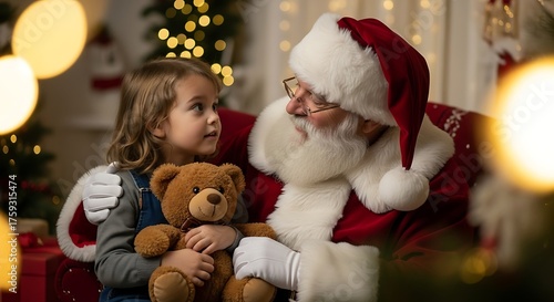 A young girl with a teddy bear sits on Santa Claus's lap, sharing a moment of joy and wonder during the holiday season.