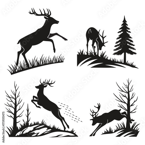 Vector art of set of deer silhouettes in nature with trees and grass