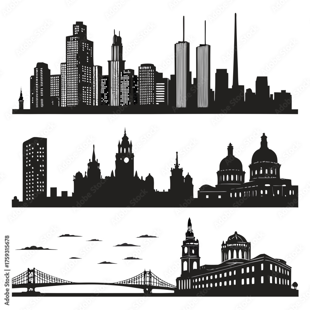 Naklejka premium Vector art of set of city skylines silhouettes, vector illustration
