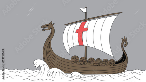 Viking ship vector, dragon prow longboat with red cross sail, ocean waves illustration, historical maritime design, Norse exploration artwork