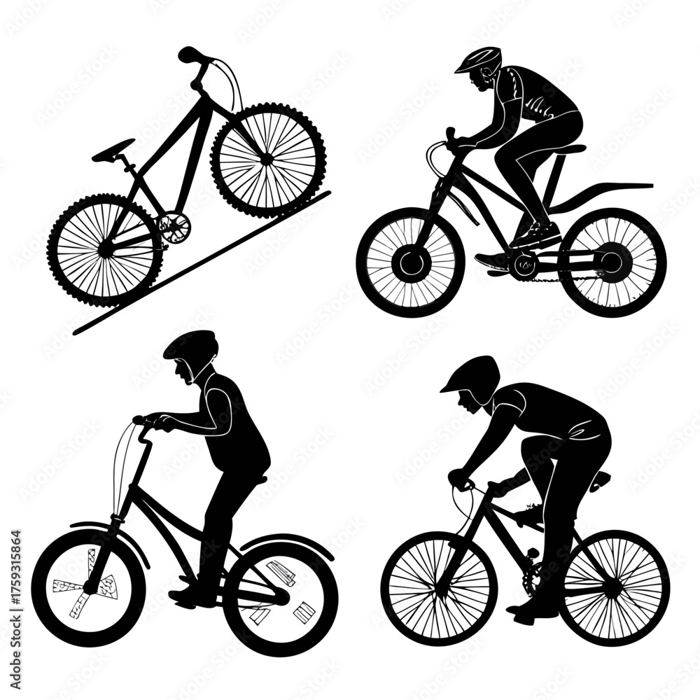 Fototapeta premium Vector art of silhouettes of cyclists riding different types of bicycles