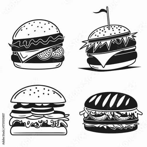 Vector art of four different burger icons in black and white style