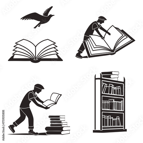 Vector art of four different book icons in black and white style