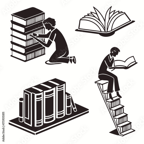 Illustration of people reading books, bookshelves, and open book