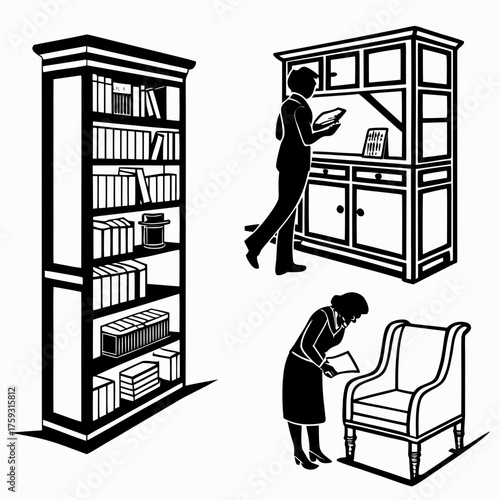 Illustration of people reading books, and bookshelves
