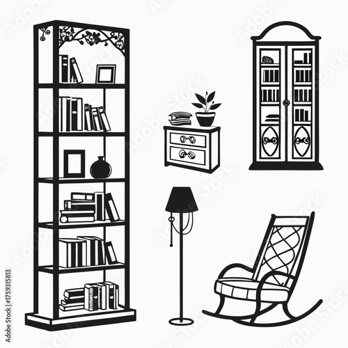 Illustration of furniture, bookshelf, rocking chair, and lamp