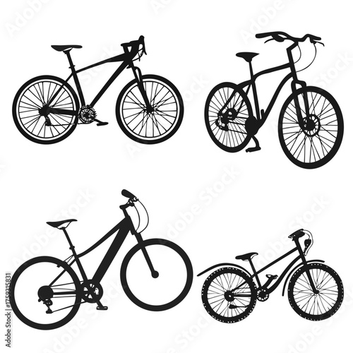 Vector art of four bicycle silhouettes in various styles