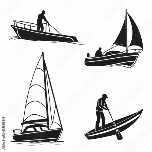 Vector art of collection of boats and watercrafts in silhouette style