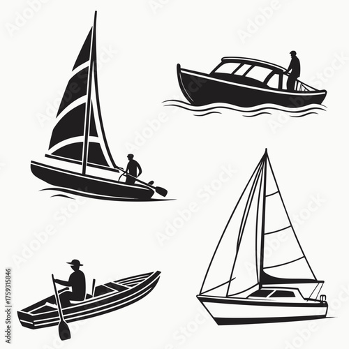 Vector art of collection of boats and sailboats in silhouette style