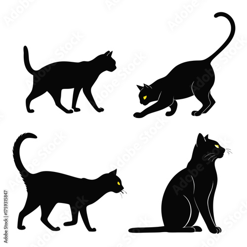Vector art of collection of black cats in various poses and silhouettes