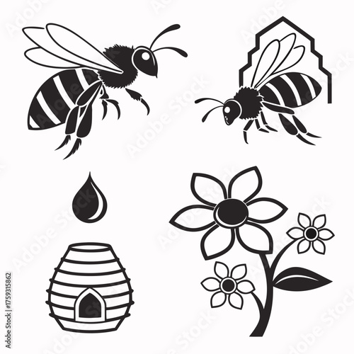 Illustration of bees, flower, drop and beehive in black and white