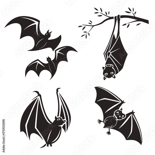 Vector art of bat silhouette, flying mammal and nocturnal animal vector set